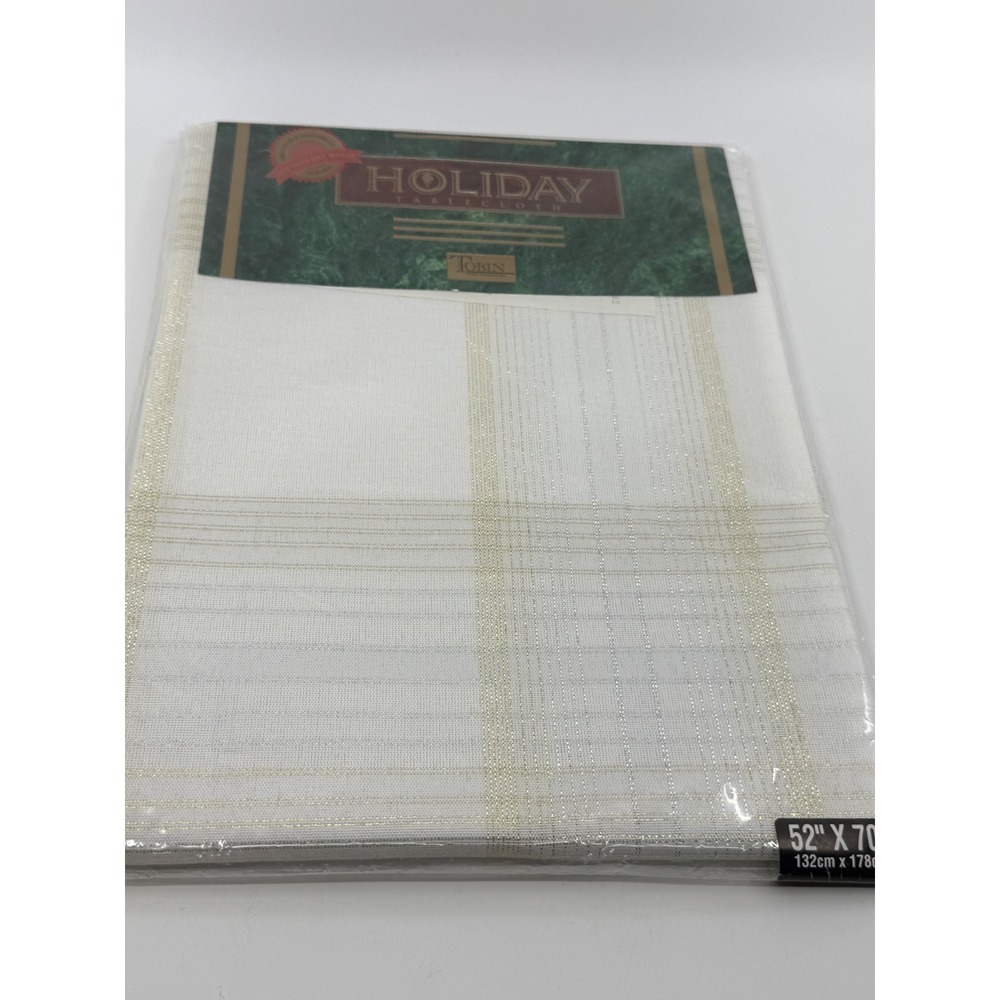 Tobin Holiday Tablecloth Winter Wonderland White Gold Silver Plaid 52x70 Oblong